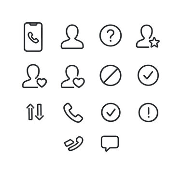 Caller ID Icons. Caller ID moments. Line icon set of caller ID moments: phone screen, silhouette icon, unknown contact, star contact, heart contact, blocked