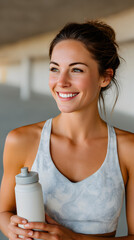 Beautiful Smiling Woman in Sportswear Holding Water Bottle After Workout