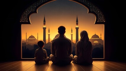 Silhouette of a muslim family looking at a mosque at sunset through an archway