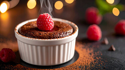 Chocolate Cake Garnished with Raspberry and Cocoa Powder