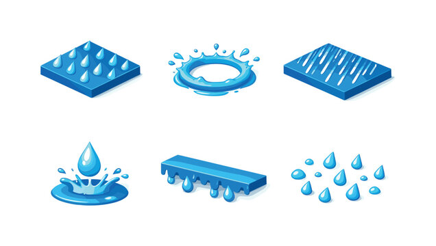 Rain Pattern Icons. Rain Patterns. Isometric flat vector icons set of rain patterns: diagonal raindrops tile, circular splash ring, layered rain lines, droplet
