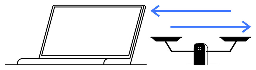 Obraz premium Data analysis, decision-making, business strategy, comparison tools, digital balance, conceptual visualization. Laptop alongside balance scales with arrows. Data analysis and decision-making concepts