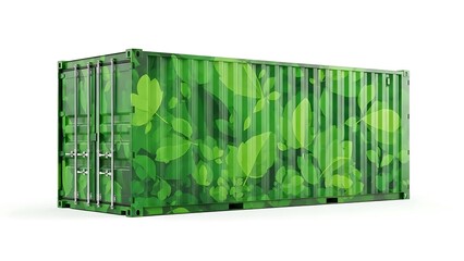 Eco-Friendly Green Shipping Container Mockup with Leaf Pattern Design, Sustainable Logistics Concept Isolated on White Background