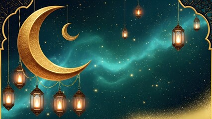 Golden crescent moon and lanterns hanging in a starry night sky with a magical glow and a sense of wonder and celebration