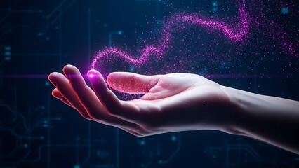 A person's open hand gently holding a glowing magical purple particle stream, conceptualizing creativity, innovation, and the power of ideas in a futuristic technological background