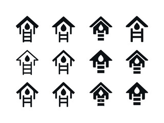 Fototapeta premium Roof Repair Icons. Fixing roof leaks. Icon set. Set Logo of Fixing roof leaks: Ladder: Negative space, Flat solid, Abstract geometric, Filled silhouette,