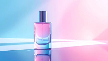 Elegant Perfume Bottle on Reflective Surface with Pink and Blue Gradient Lighting and Copy Space
