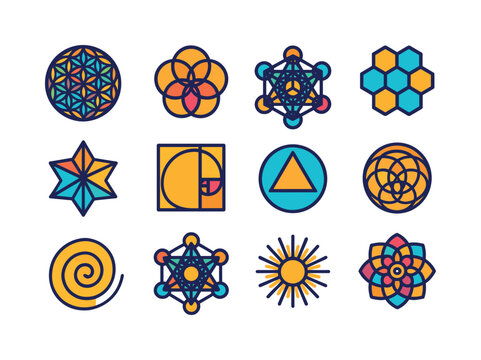 Colorful Sacred Geometry Icons. Sacred geometry. Colorful isometric vector icons set of sacred geometry: flower of life, seed of life, metatron cube, hexagon