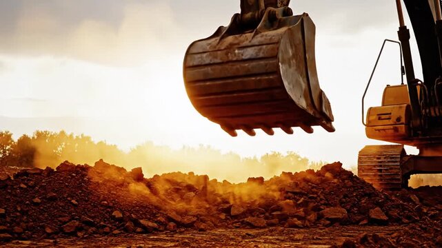 Excavator bucket dumping soil at construction site during sunset with dramatic clouds and industrial machinery