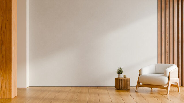 Modern minimalist interior mockup with white armchair and wooden slat wall, empty concrete wall background for product presentation in living room- 3D rendering