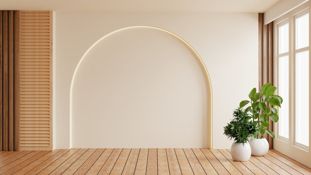 Empty room interior with arch wall design and hidden lighting, wooden floor and plants near window, modern japandi boho style mockup background- 3D rendering