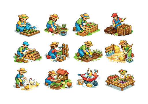 Farm Chore Icons. farm chores. Colorful isometric vector icons set of farm chores: watering plants, pulling weeds, harvesting veggies, mixing compost, stacking