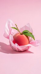 Peach wrapped in pink tissue paper on a pink background with shadow