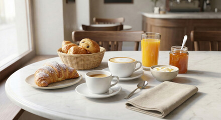 Delicious breakfast spread with croissants, coffee, orange juice, and jam on a marble table
