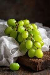 Fototapeta premium A bunch of green grapes on a rustic wooden surface with a white cloth beside them. Concept Green grapes on a rustic wooden surface, White cloth beside the fruit as a soft backdrop