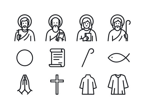 Apostles Line Icon Set. Apostles. Line icon set of Apostles: Saint Peter, Saint Paul, Saint John, Saint James, Saint Andrew, halo icon, scripture scroll,