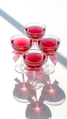 Four wine glasses filled with red wine and decorated with pink ribbons on a white background with shadows and reflections