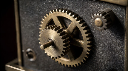 turned. Close-up of a vintage brass lock interior with a small gear being turned. real-estate listings, architecture portfolios, designed for interior renovation comparisons for interiors.