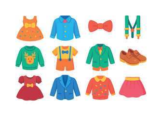 Kids Festive Apparel Icons. Kids festive clothing. Colorful flat vector icons set of Kids festive clothing: party dress, formal shirt, bow tie, suspenders,