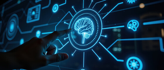 Digital brain interface technology, futuristic design, glowing circuits, human interaction, innovation, artificial intelligence