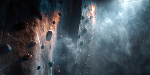 Close up of a climbing wall with colorful holds and smoky atmosphere