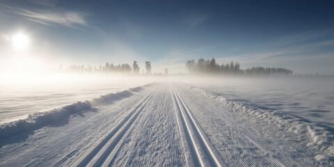 Sunlight streaming through fog over a snowy cross country ski trail.