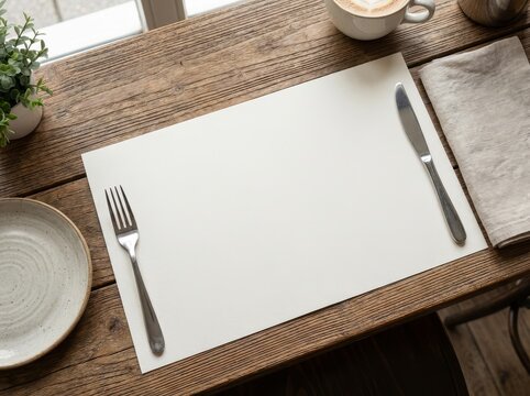 Empty white placemat with fork and knife on wooden table