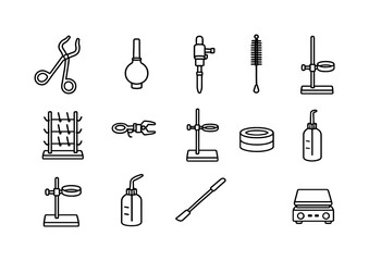 Obraz premium Laboratory Tools Icons. Glassware Handling Tools. Line icon set of Glassware Handling Tools: tongs, rubber bulb, pipette filler, brush cleaner, drying rack,