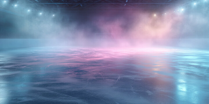 Empty figure skating rink illuminated by soft pastel lights