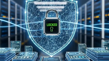 Digital Security Shield Protecting Data Center with Locked Padlock Symbol. - Powered by Adobe