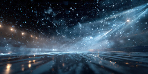 Snowy arena with dramatic spotlights and falling snow particles