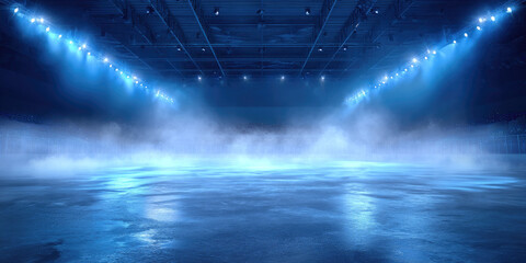 Empty curling arena with fog and blue spotlights, ice rink