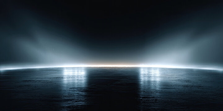 Dark atmospheric ice surface with bright lights and fog