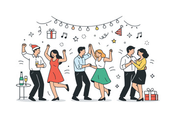 Festive Dance Celebration. Holiday party atmosphere. People dancing and celebrating with festive spirit and gentle motion. Cheerful mood and social joy