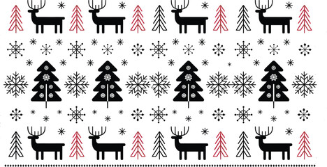 Adobe Illustrator Vintage Christmas Seamless Pattern with Red and Green Ornaments, Reindeer, Bells, Snowflakes, and Festive Holiday DecorationsArtwork
