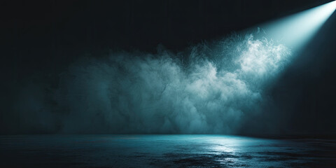 Blue light pierces through smoke on a dark, wet sports court surface