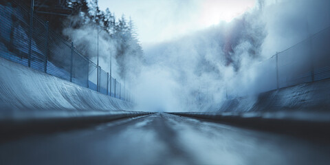 Cold icy luge track with steam and snow on a winter day