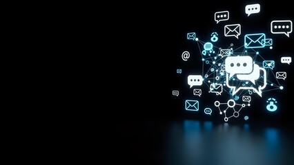 Fototapeta premium Digital communication icons floating with glowing effects on dark background for technology and networking concepts in business presentations.