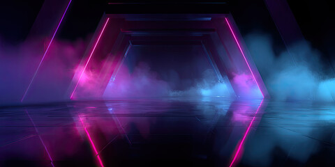 Futuristic esports stage with glowing neon beams and haze