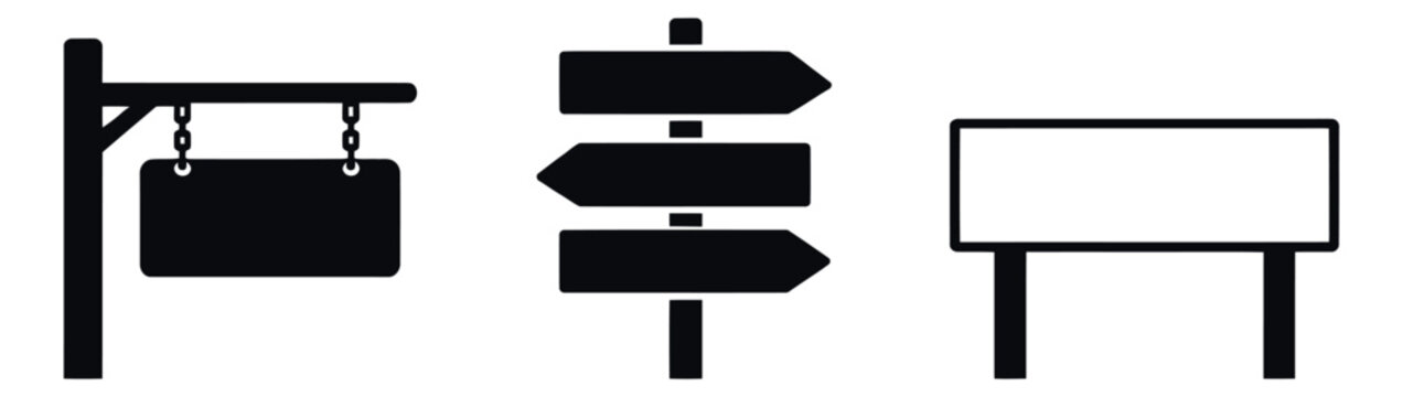 Flat icon sign set featuring directional arrows, hanging boards, and blank rectangular signs for information and wayfinding