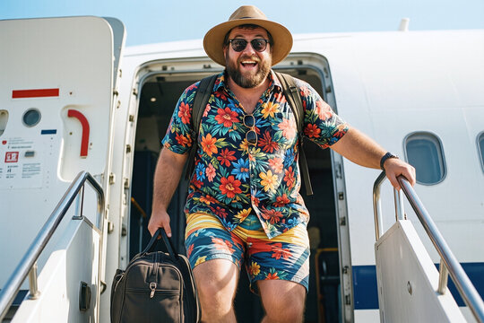 A tourist travelling for the holidays, just arrived on his summer vacation destination, stepping off a plane, dressed in colorful beach wear, eager to enjoy fun in the sun and have a relaxing time.