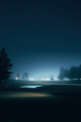 Enigmatic golf course at night with low ambient mist and soft glows