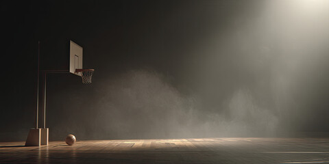 Basketball and hoop on a dark court with a smoky haze