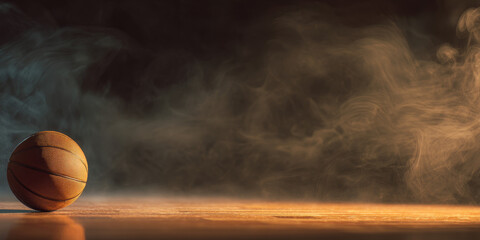 Close-up of a basketball on a wooden floor with swirling smoke
