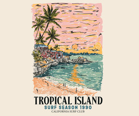 Obraz premium Summer vibes graphic print design. Summer vacation time artwork. Tropical island artwork. Palm tree vector design.