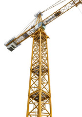 colossal vibrant safety yellow tower crane featuring steel lattice, complex hydraulics, and grey counterweights, dramatic low angle against a transparent studio background, concept of monumental