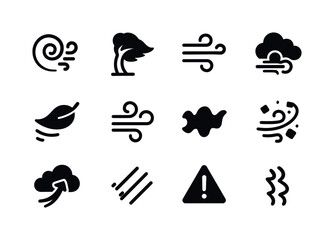 Windstorm Icon Set. Windstorm. Solid icon set of Windstorm: swirling wind, bent tree, wind lines, cloud trail, flying leaf, gust icon, pressure wave, debris