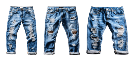 Distressed denim trouser with ripped knee and torn pocket PNG set with isolated on transparent background