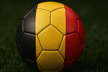 Close-up Soccer Ball with Belgian Flag Design on Grass