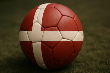 Close-Up of Soccer Ball with Danish Flag Design on Grass Field